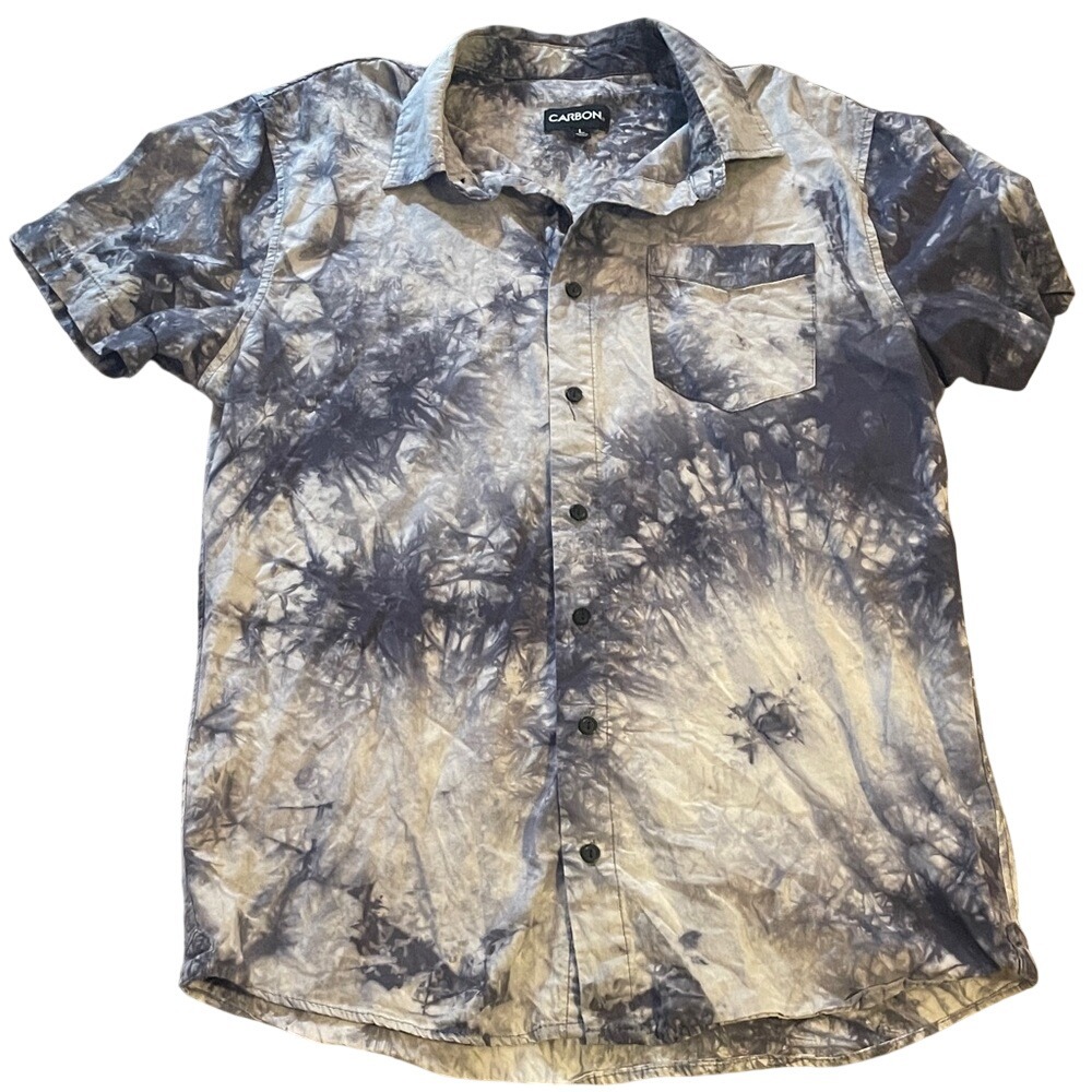 Carbon Mens Tie Dye Short Sleeve Button Up Shirtβ Grey White Large